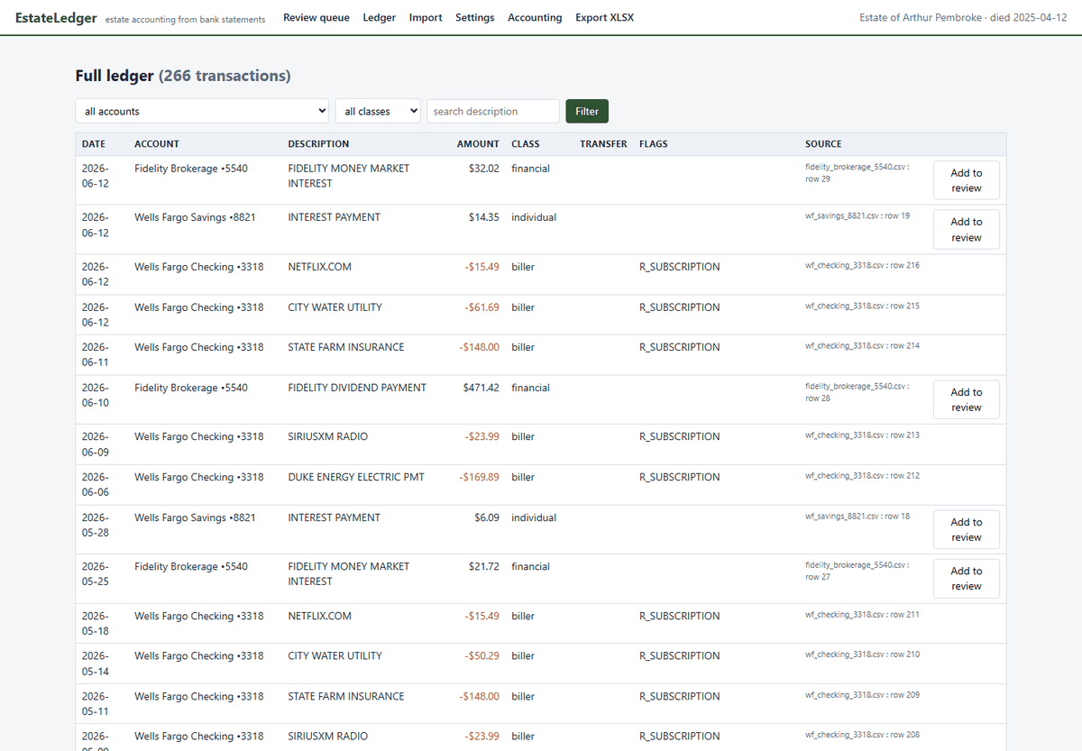 EstateLedger full ledger: every imported transaction with date, account, description, amount, class, flags and the source CSV file and row number